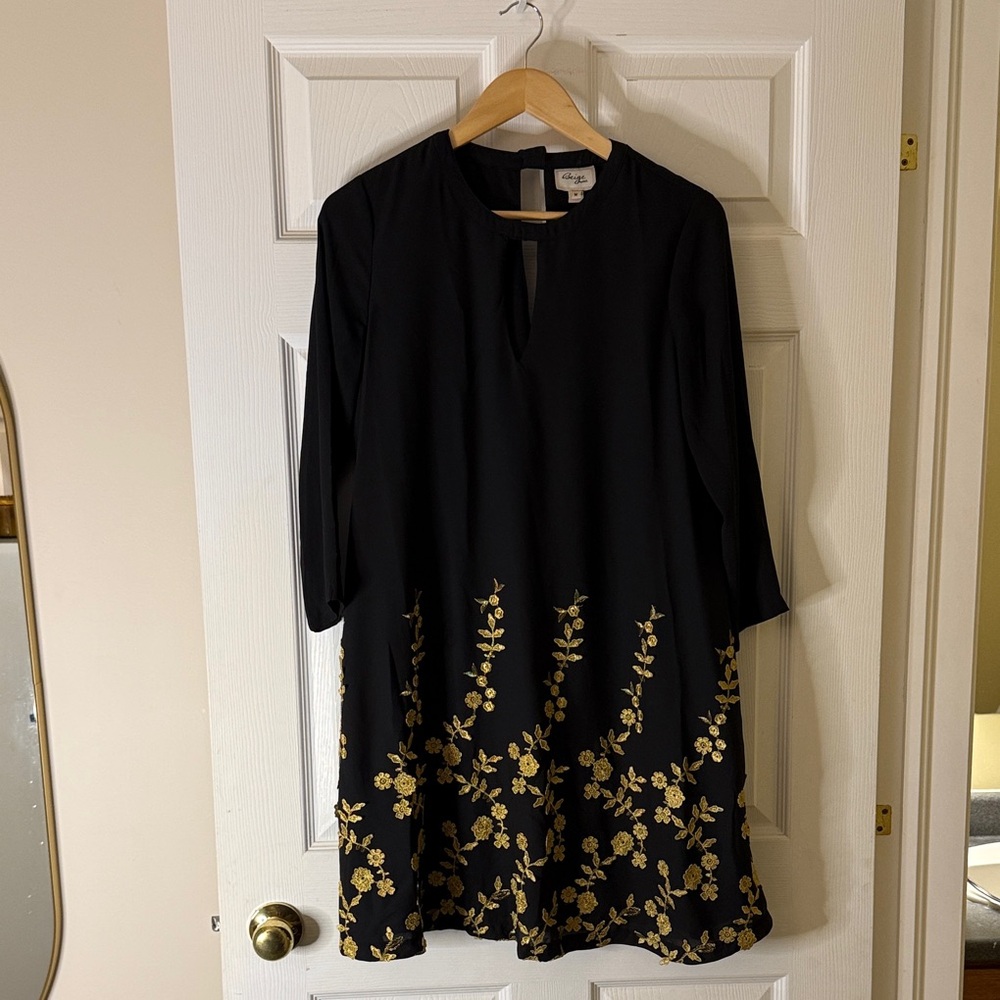 Beige by eci Black Dress with Gold Floral Design